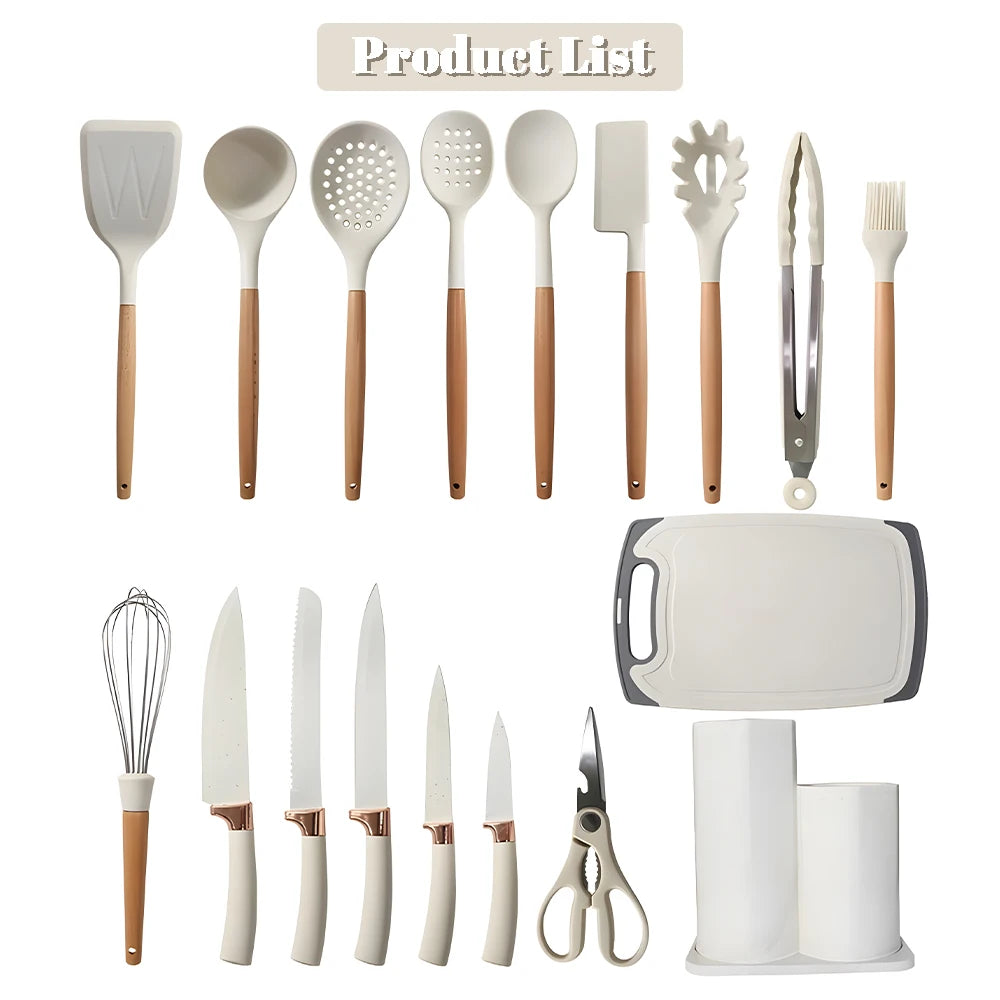 20 Piece Silicone Kitchen Set: 5 Knives, 9 Silicone Wooden Handle Tools, All Non Stick: Includes Tongs, Wisk, Scissors, Peeler