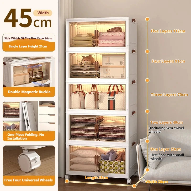 Folding Living Room Cabinet, Multifunction Closet Organizer - Wheels, Stackable, Large Capacity Storage: Box Shelf