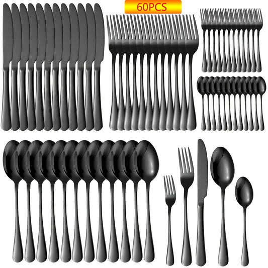 60pc Black Silverware Set For 12: Stainless Steel Flatware Set, Tableware,Dishwasher Safe