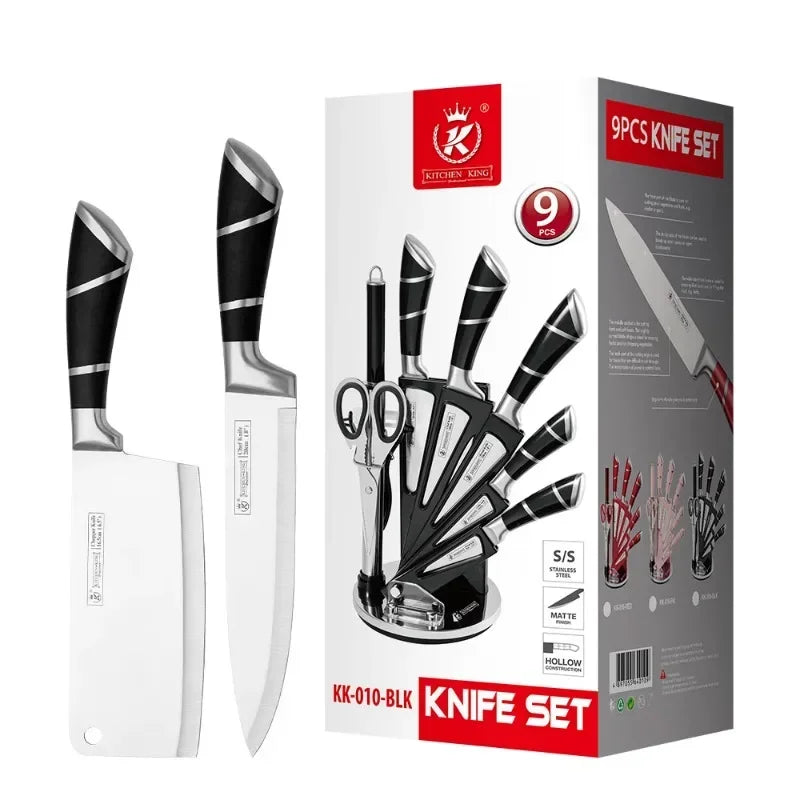Beautiful Kitchen Knife Set: 9pc Stainless Steel Non-Stick Coated Chef Knives with Sharpener and Stand - 3 color choices