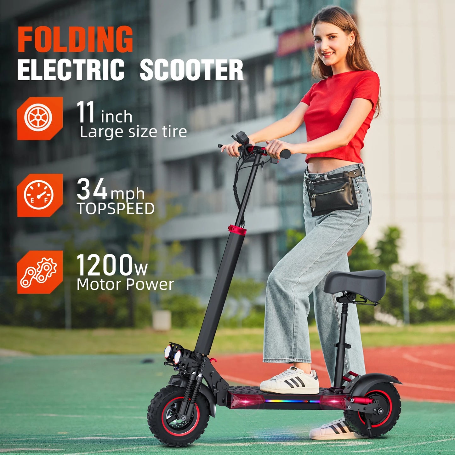 Foldable Waterproof Adult Electric Scooter 11" Off-Road Tires 48V 1200W 18Ah