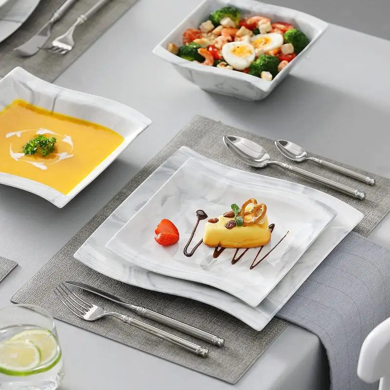 16 Piece Ivory Square Plates and Bowls Set, Unique Design