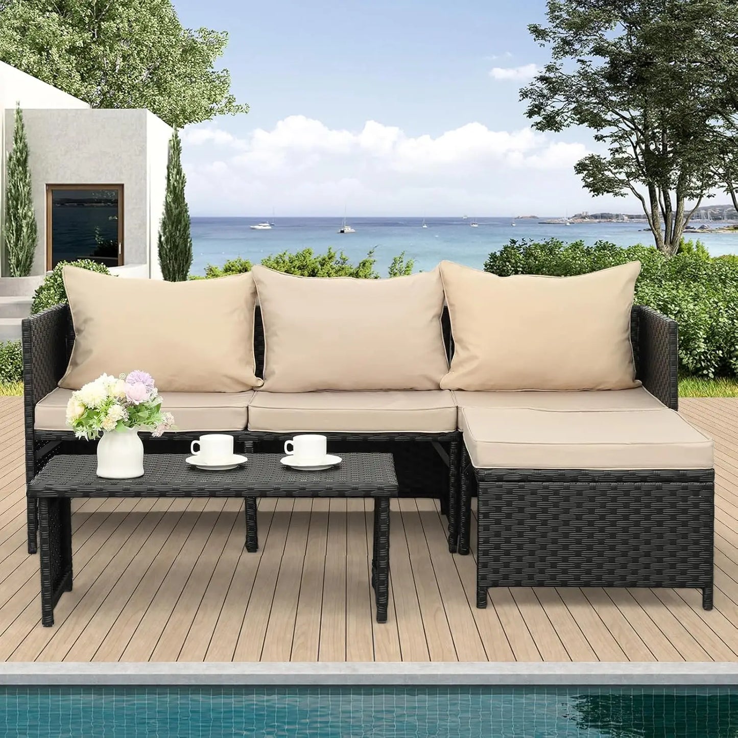 3-Piece Black Wicker PE Rattan Patio Furniture Set - Khaki Cushions