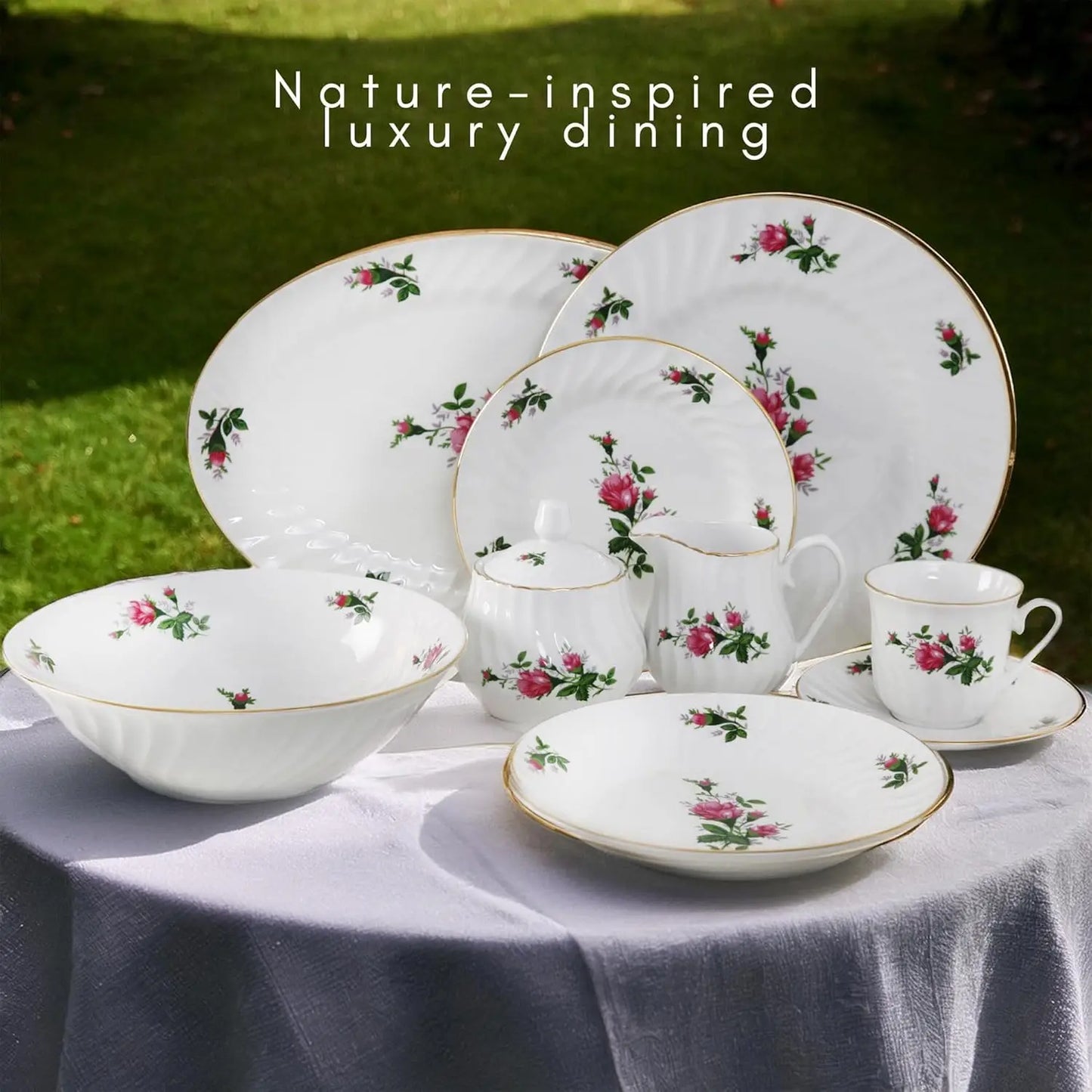 45 - Piece Vintage Rose Dinnerware Set - 24K Gold Trim, Embossed Floral  Swirl